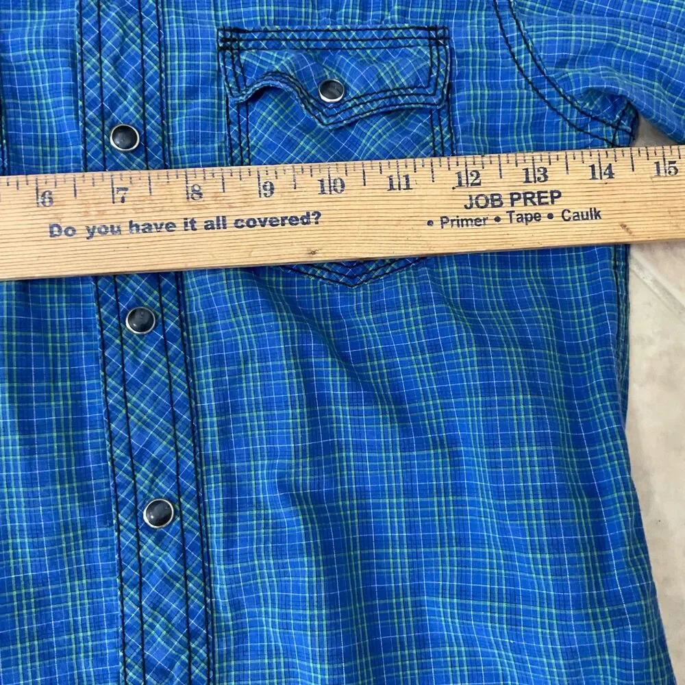 Wrangler Pearl Snap Western Shirt Youth boys size M 29” chest Blue plaid